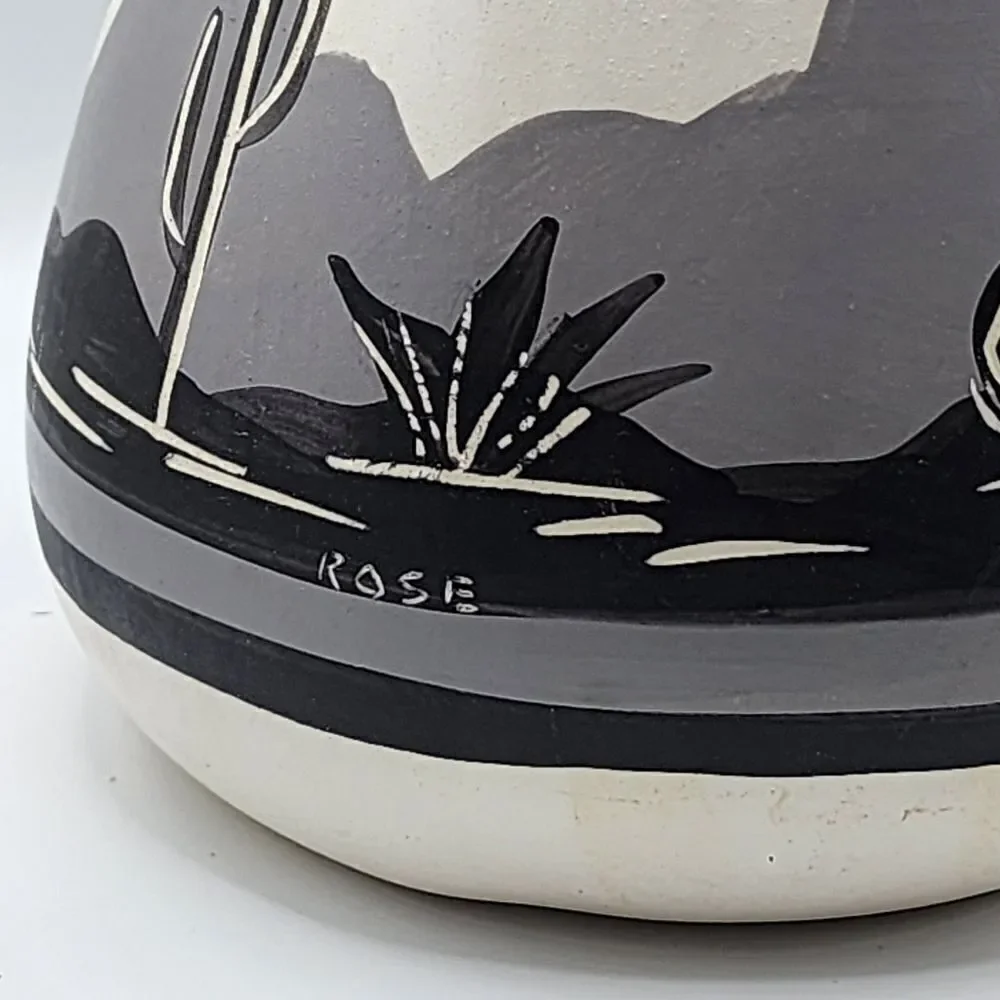 Signed Rose Hand Painted Native American Pottery Vase Southwestern Cactus Scene
